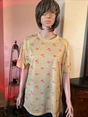 Women's Short Sleeve Tee - Yellow with Pink Floral Print